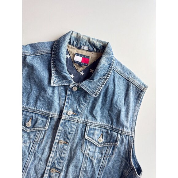 Vintage TOMMY HILFIGER 100% Cotton Star Print Lined Denim Vest, Size XL - Picture 4 of 16